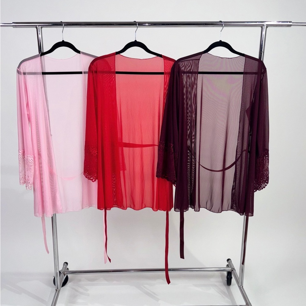 Sheer Lace Trim Robe Set – Red